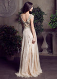 A-Line/Princess Scoop Neck Sweep Train Chiffon Evening Dress With Beading