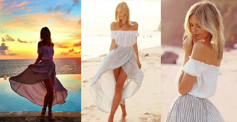 Black White Off the Shoulder Vertical Stripe Dress