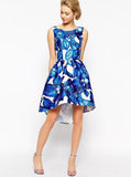 Blue Sleeveless Leaves Print Dress