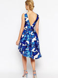 Blue Sleeveless Leaves Print Dress