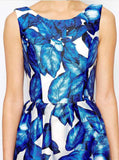 Blue Sleeveless Leaves Print Dress