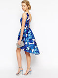 Blue Sleeveless Leaves Print Dress