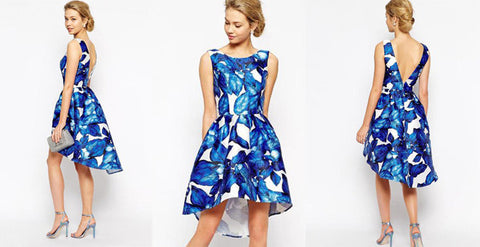 Blue Sleeveless Leaves Print Dress