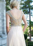A-Line/Princess Scoop Neck Sweep Train Chiffon Evening Dress With Beading
