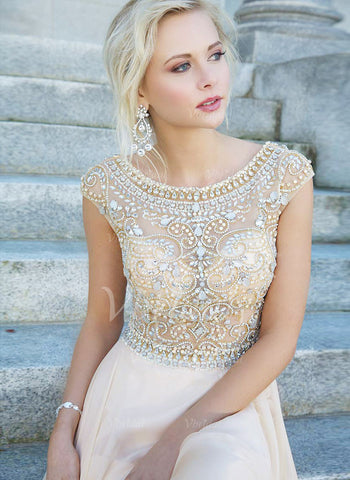 A-Line/Princess Scoop Neck Sweep Train Chiffon Evening Dress With Beading